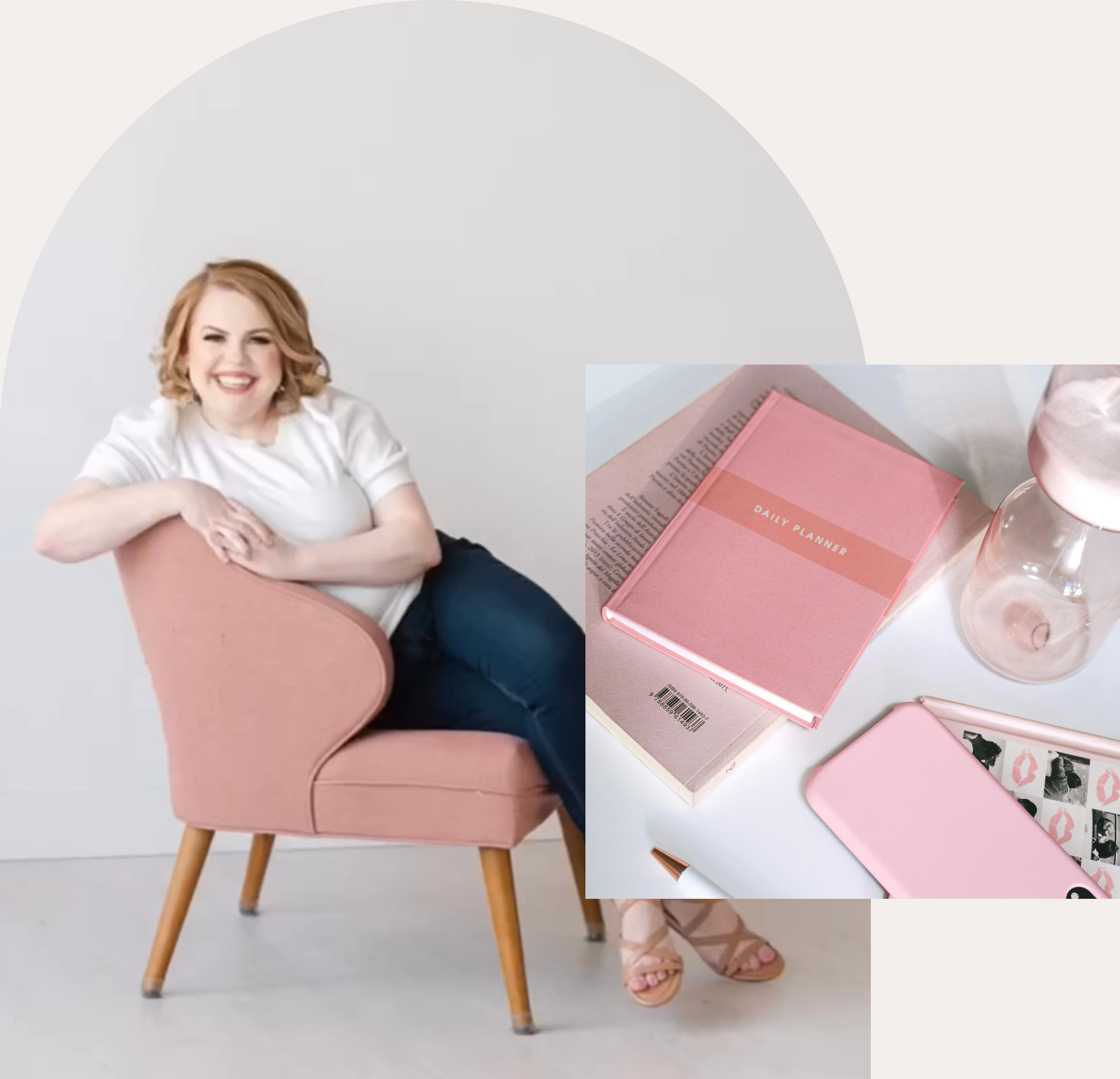 Virtual Assistant Lori Losee sitting on a pink chair