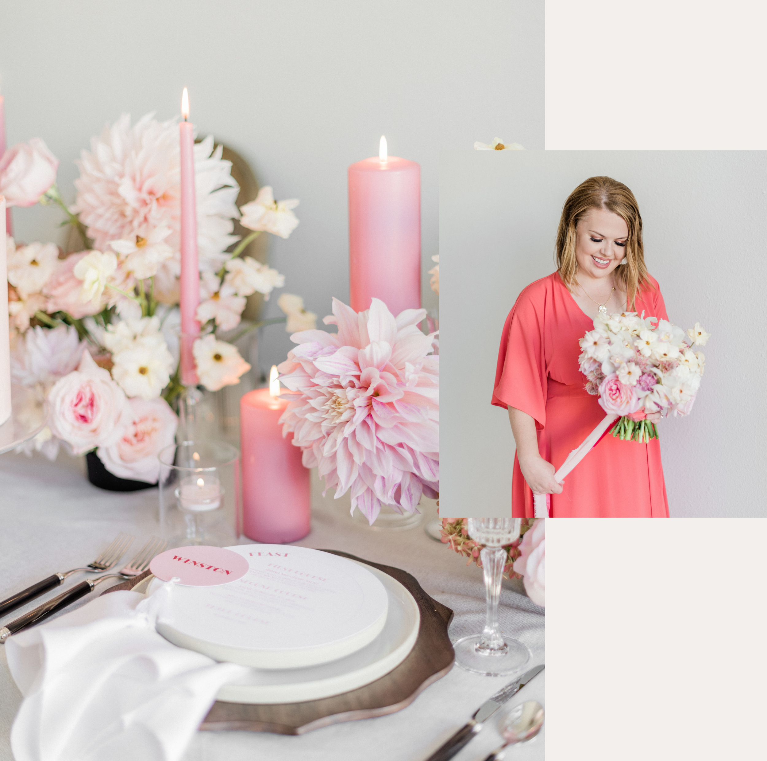 Owner Lori Losee holding a white and pink floral bouquet and an image of a beautfilly decorated pink themed wedding tablescape.