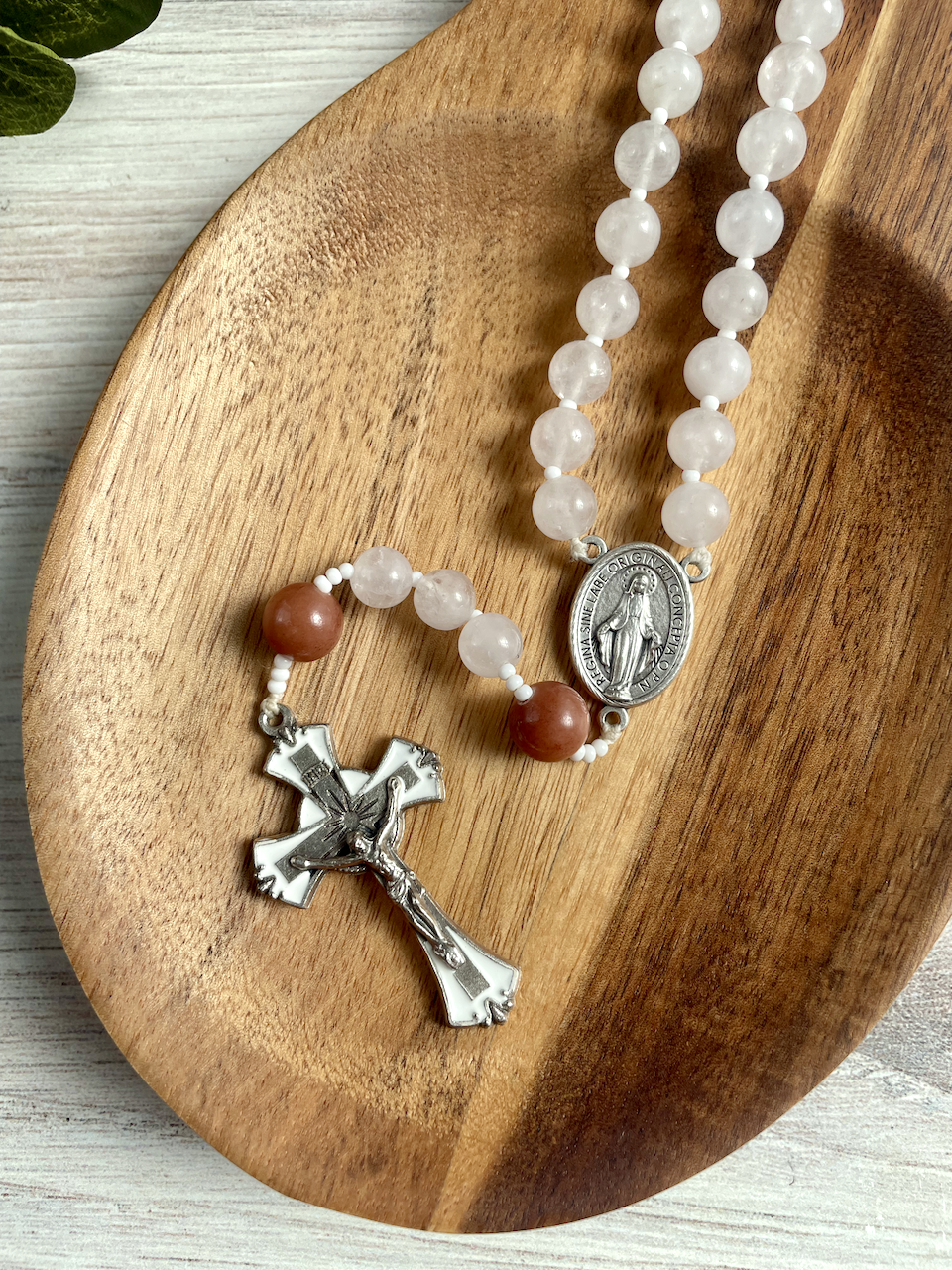 White jade gemstone rosary with brown Our Father by Bespoke With Grace