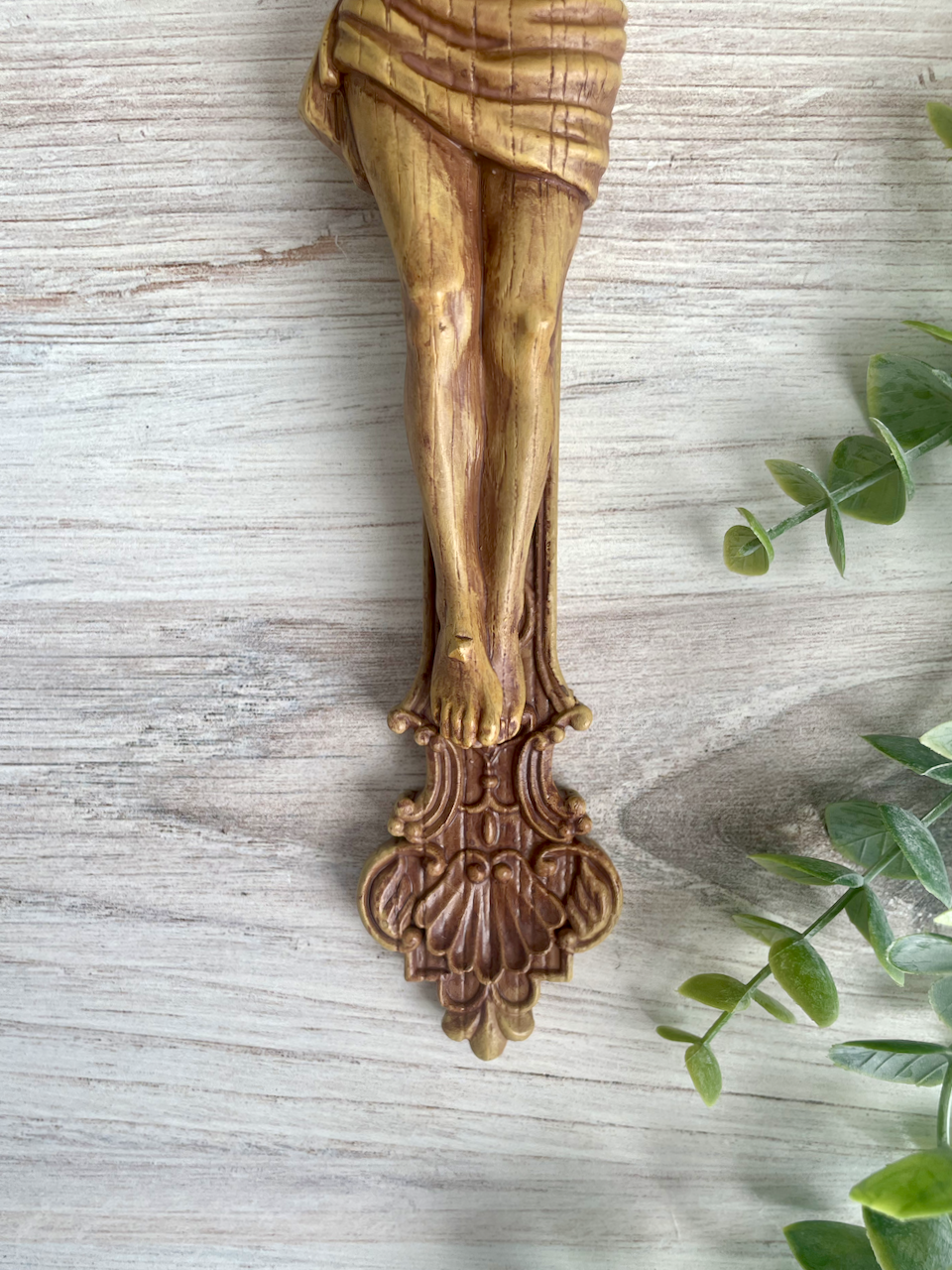 Wood colored resin cast St. Benedict Crucifix feet of Christ