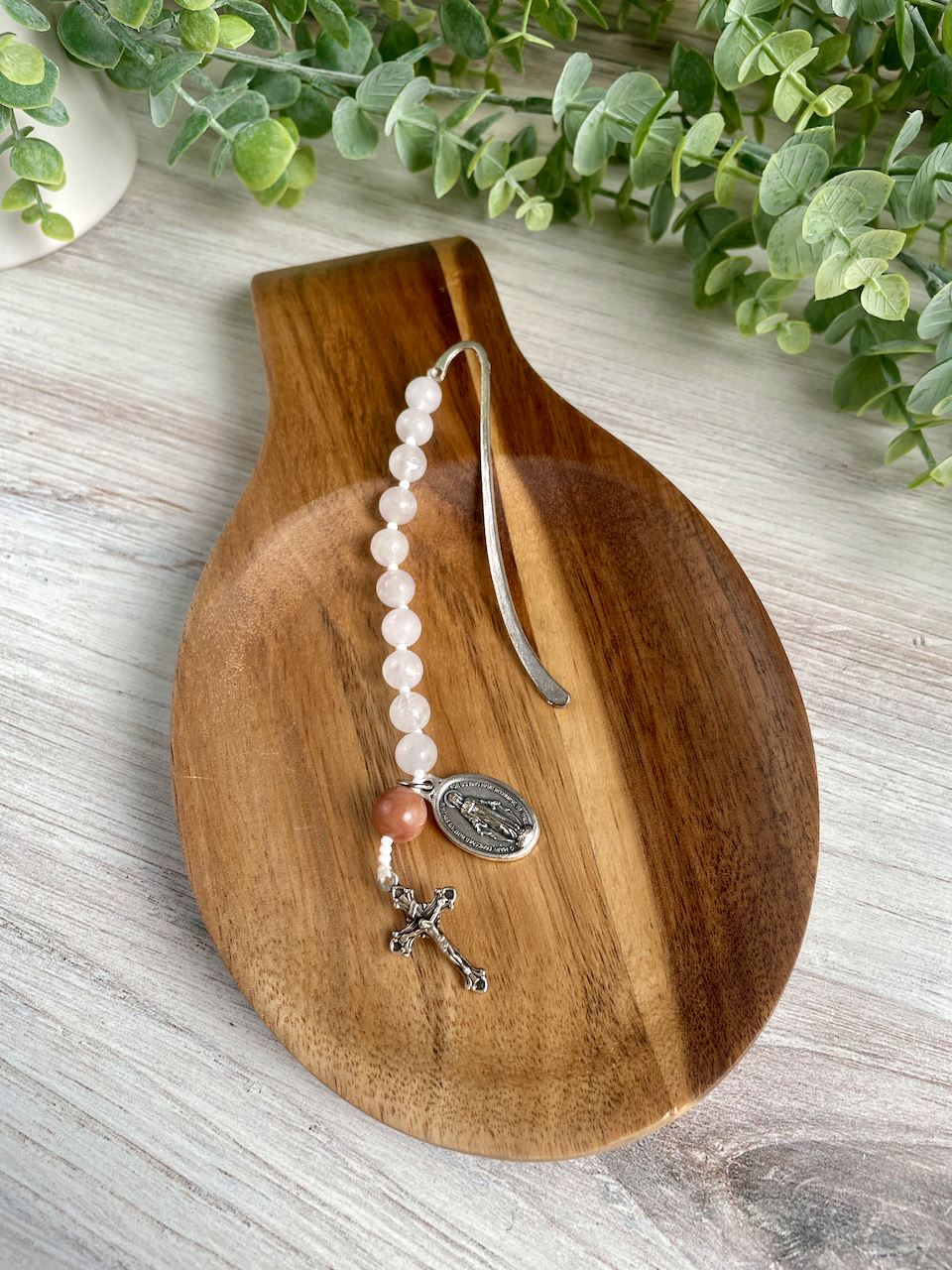Gemstone bookmark with a decade's worth of rosary beads, miraculous medal, and small crucifix. Brown Our Father bead.