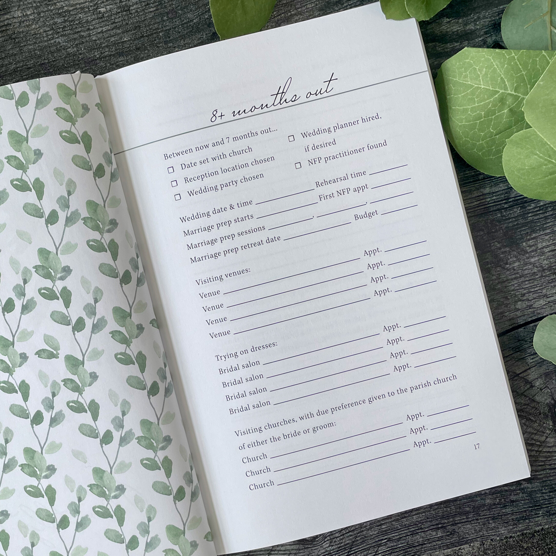 Covenant Wedding Planner monthly view at 8 months out. Header reads "8+ months out." Page includes checklist for "Between now and 7 months out."