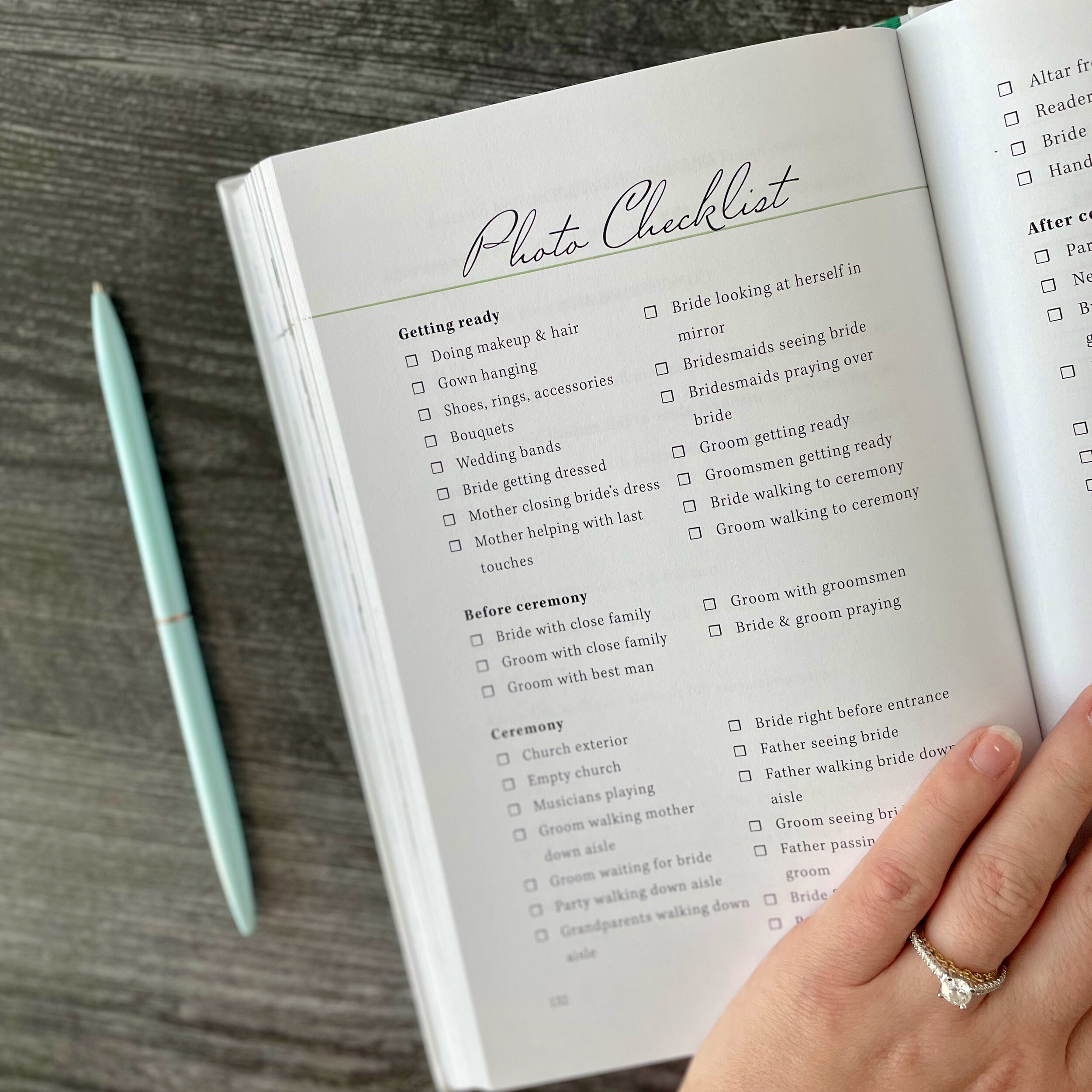Covenant Wedding Planner page titled "Photo Checklist" and a checklist of suggested photos to have your photographer take on your wedding day.