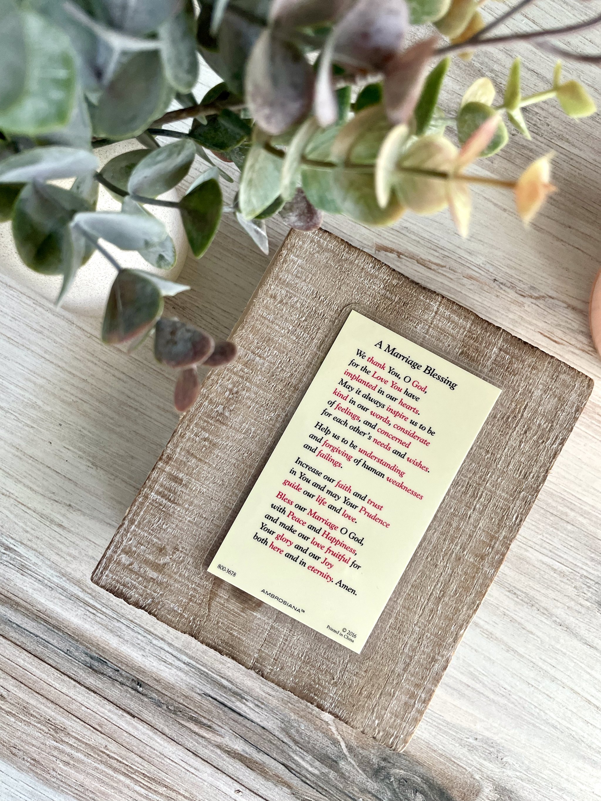 The backside of the Marriage Blessing Prayer card displays the full prayer, which praises God and asks for increase in virtue.