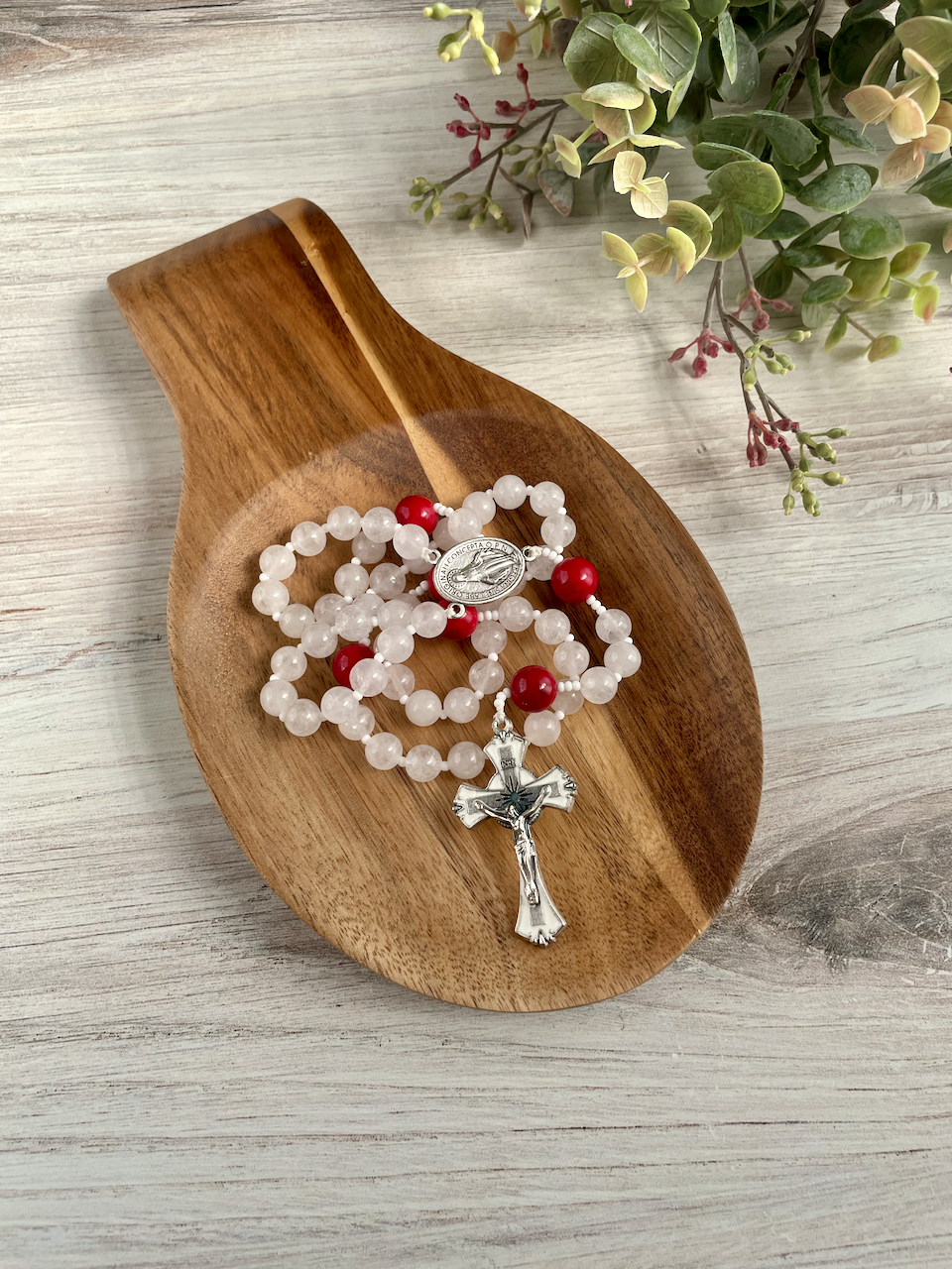 White jade gemstone rosary with red Our Father by Bespoke With Grace