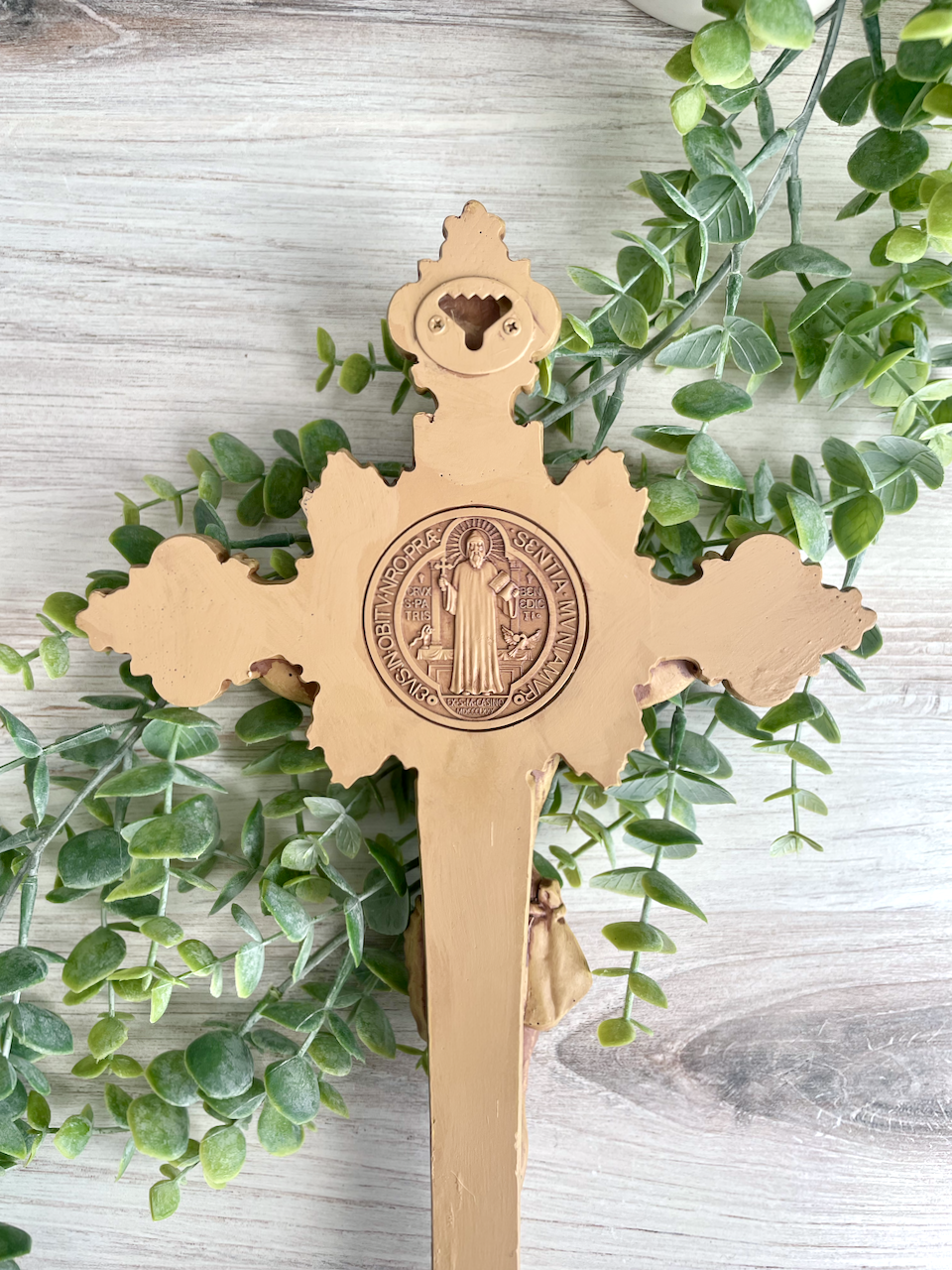 Back of Wood colored resin cast St. Benedict Crucifix Symbol