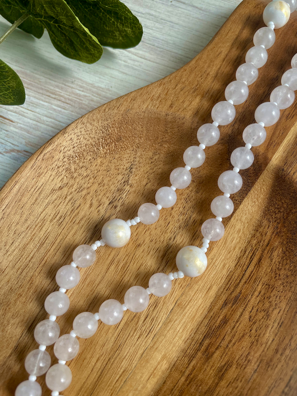 White jade gemstone rosary with white and gold Our Father by Bespoke With Grace
