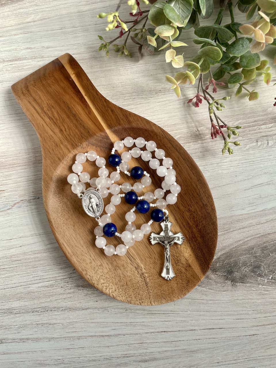 White jade gemstone rosary with blue Our Father by Bespoke With Grace