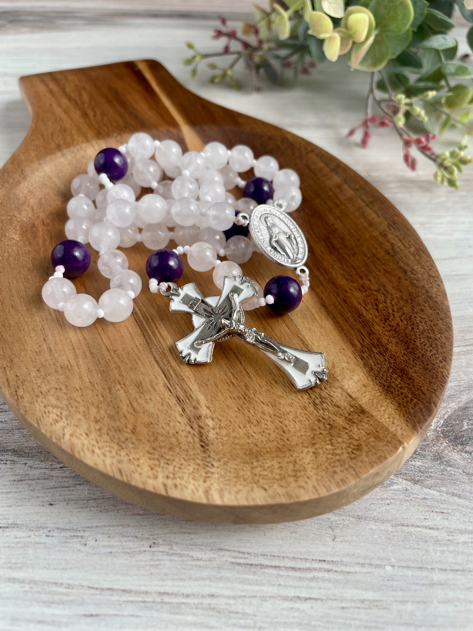 White jade gemstone rosary with purple Our Father by Bespoke With Grace