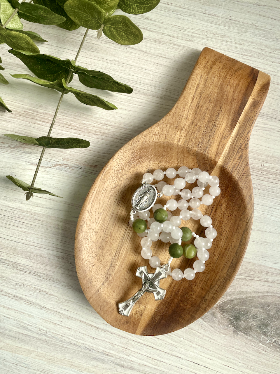 White jade gemstone rosary with green Our Father by Bespoke With Grace