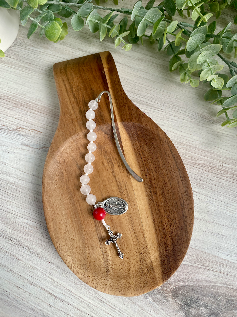 Gemstone bookmark with a decade's worth of rosary beads, miraculous medal, and small crucifix. Red Our Father bead.