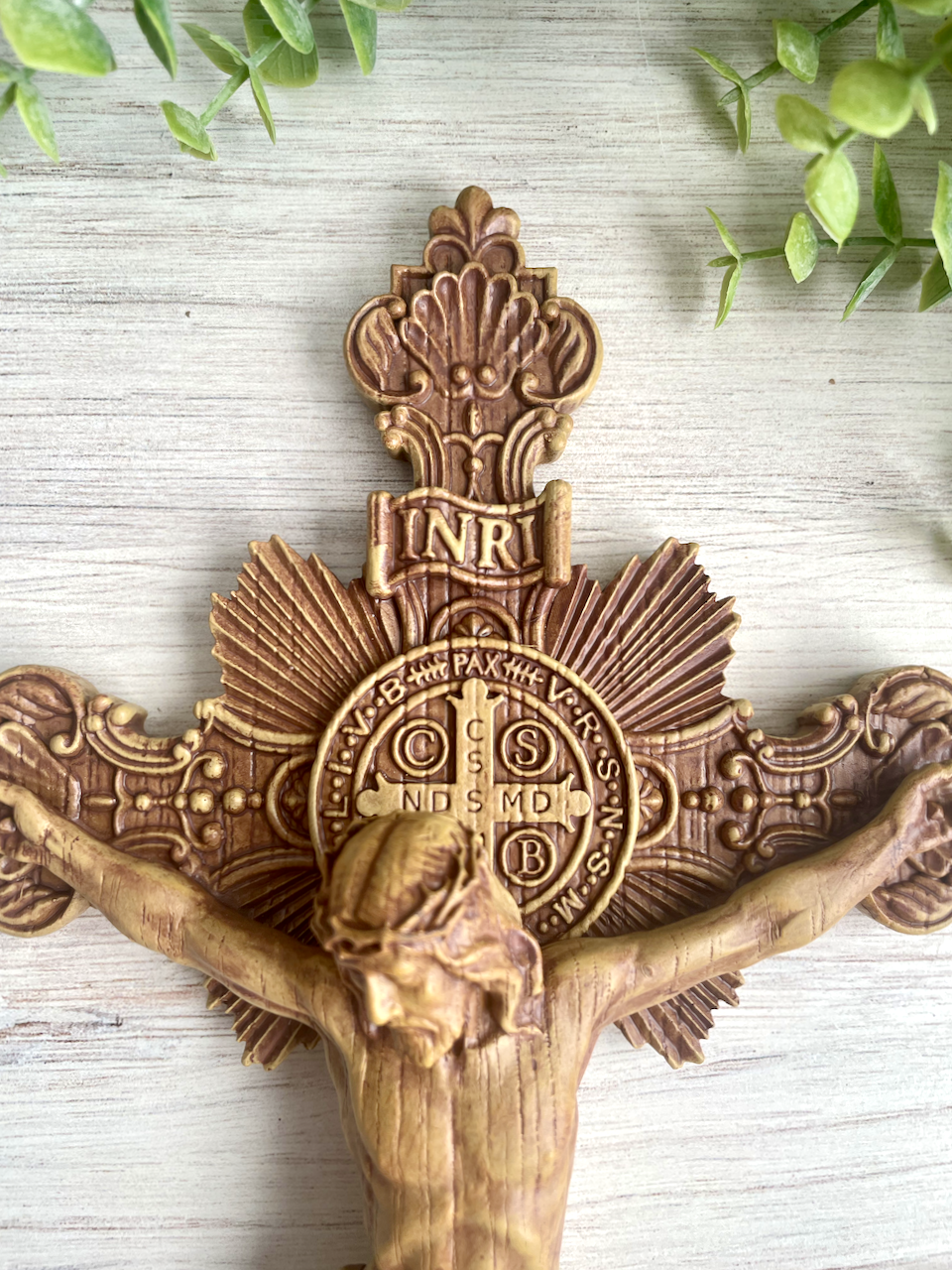 Wood colored resin cast St. Benedict Crucifix Symbol