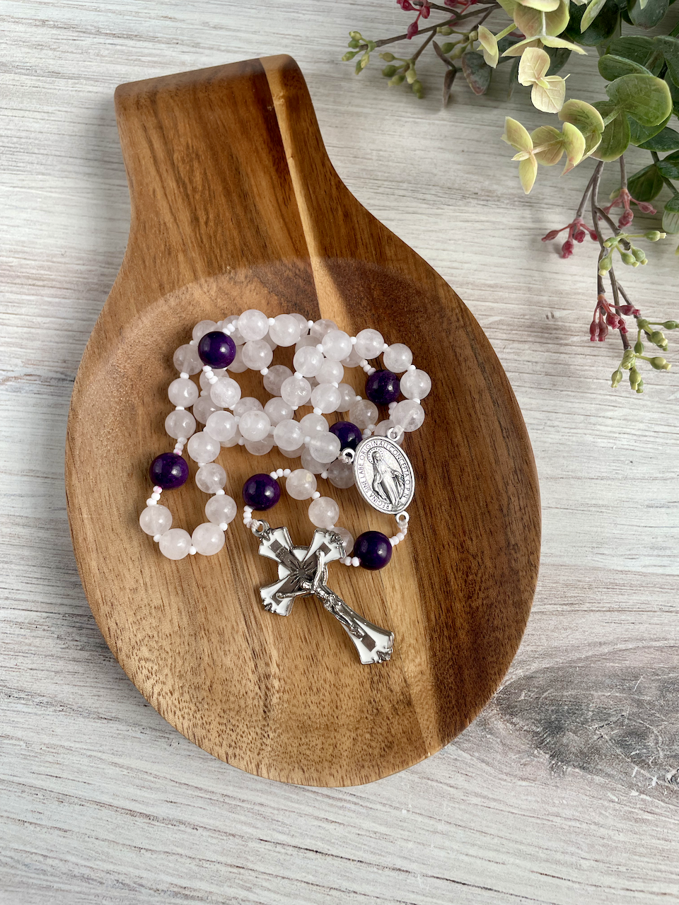 White jade gemstone rosary with purple Our Father by Bespoke With Grace