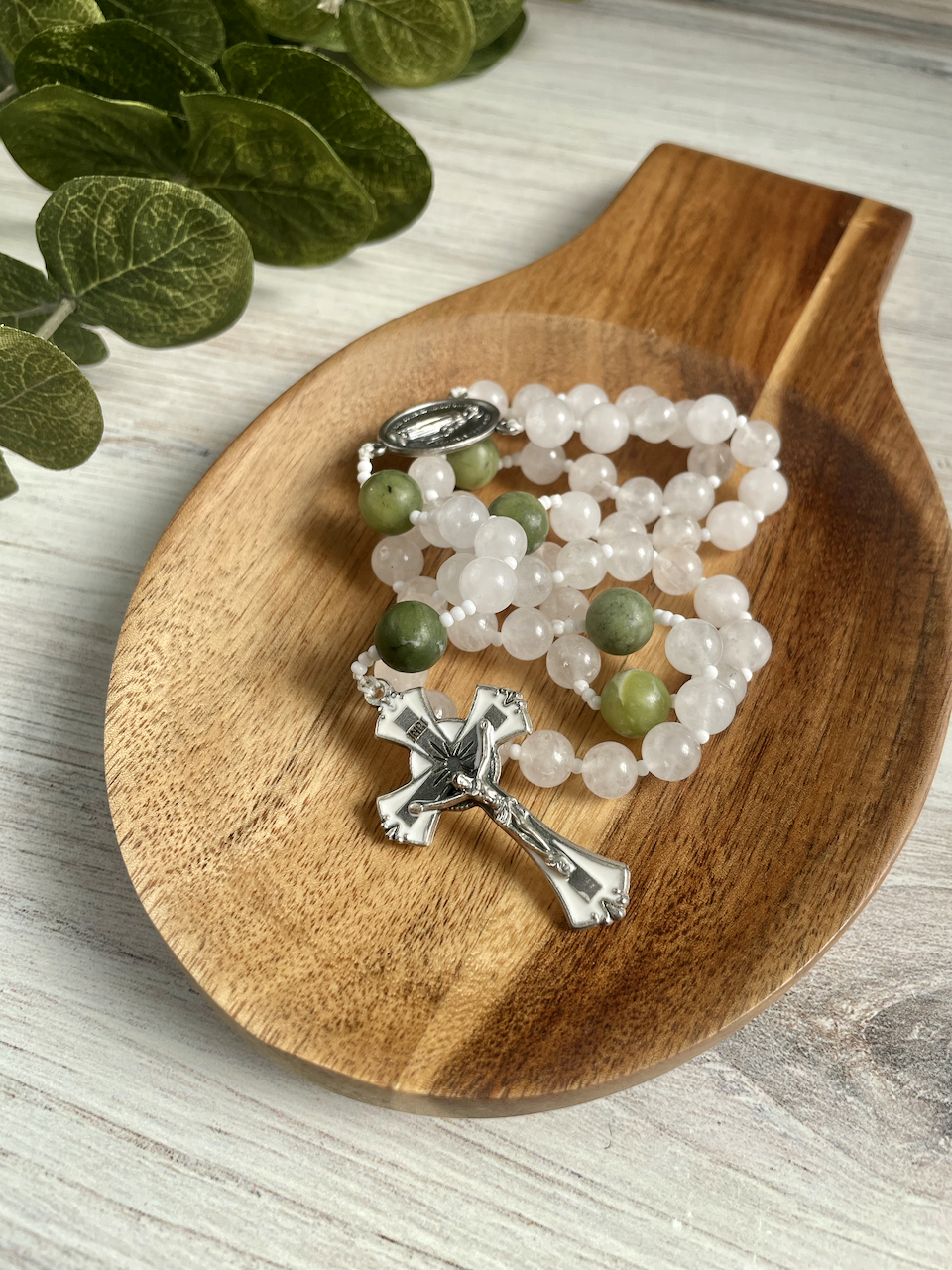 White jade gemstone rosary with green Our Father by Bespoke With Grace