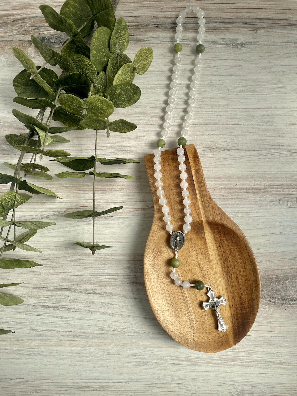 White jade gemstone rosary with green Our Father by Bespoke With Grace
