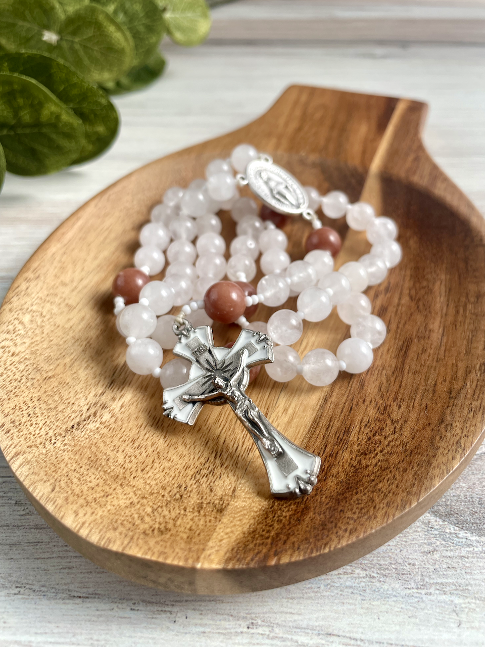 White jade gemstone rosary with brown Our Father by Bespoke With Grace