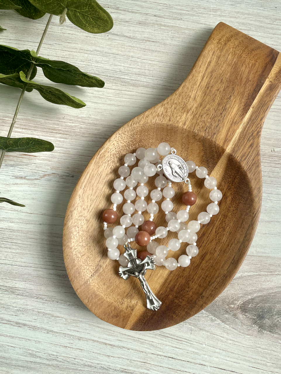 White jade gemstone rosary with brown Our Father by Bespoke With Grace