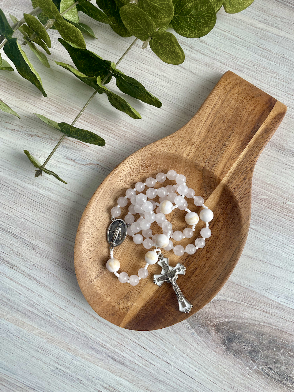 White jade gemstone rosary with white and gold Our Father by Bespoke With Grace