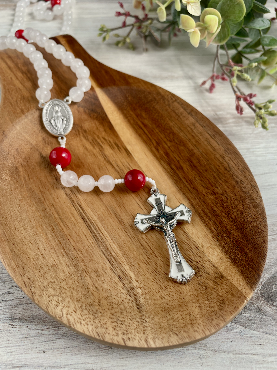 White jade gemstone rosary with red Our Father by Bespoke With Grace