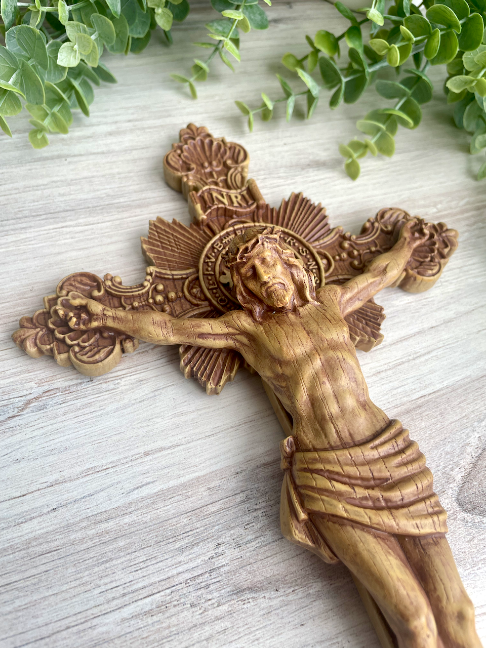 Wood colored resin cast St. Benedict Crucifix Face of Christ