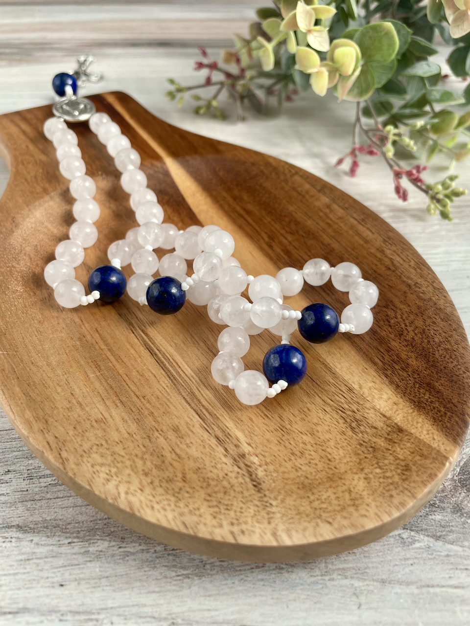 White jade gemstone rosary with blue Our Father by Bespoke With Grace