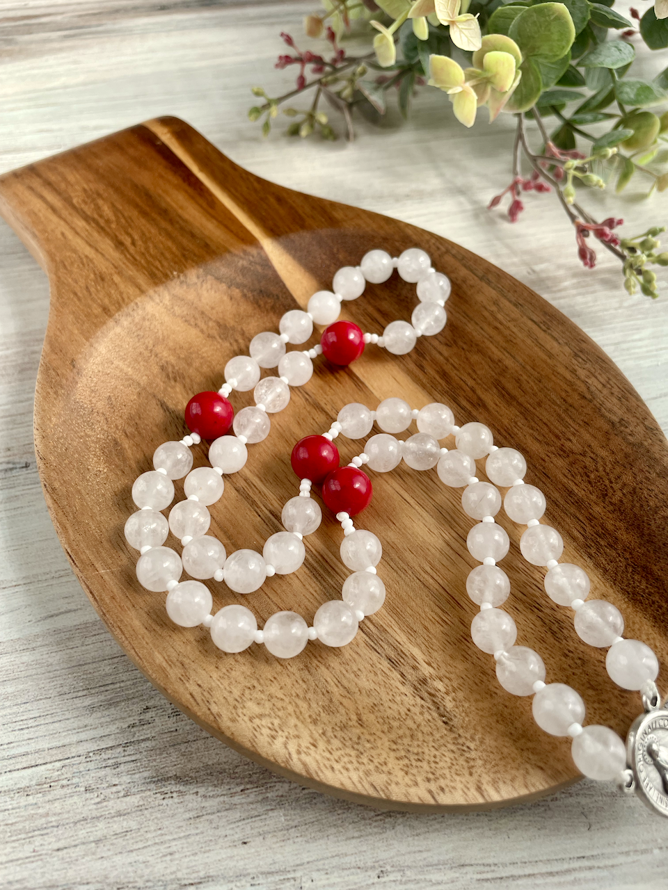White jade gemstone rosary with red Our Father by Bespoke With Grace