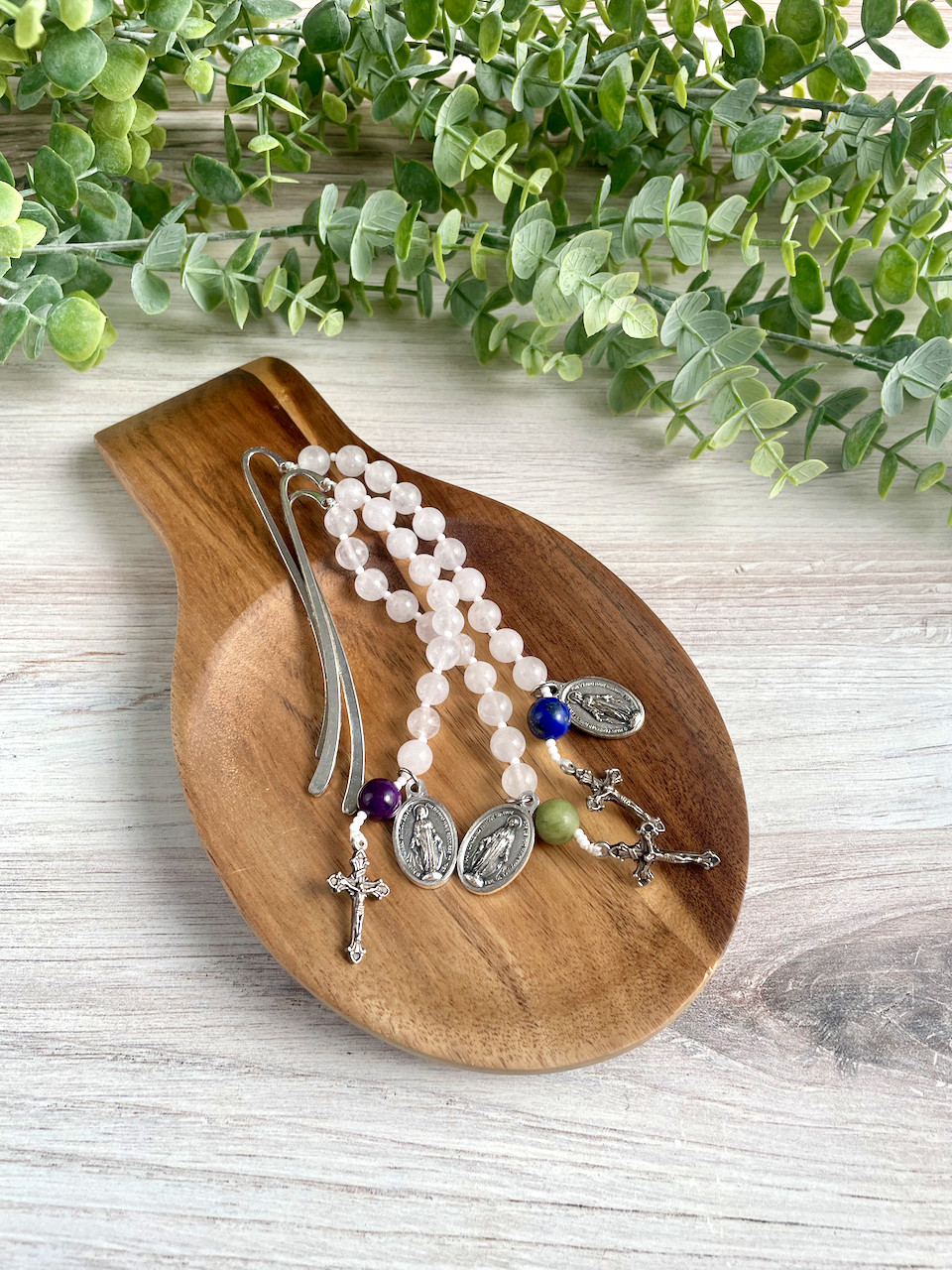 Trio of gemstone bookmarks with a decade's worth of rosary beads, miraculous medal, and small crucifix. Blue, red, and purple Our Father beads.