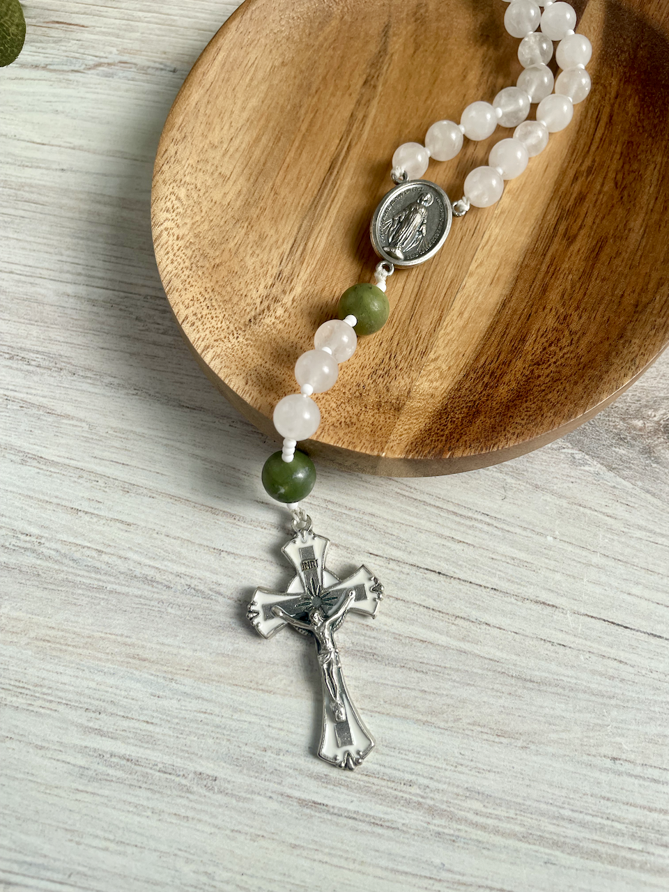 White jade gemstone rosary with green Our Father by Bespoke With Grace