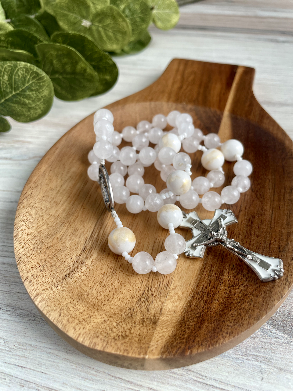 White jade gemstone rosary with white and gold Our Father by Bespoke With Grace