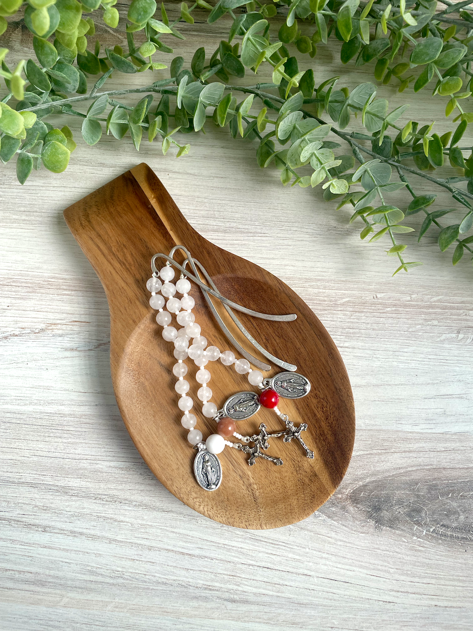 Trio of gemstone bookmarks with a decade's worth of rosary beads, miraculous medal, and small crucifix. Red, white, and brown Our Father beads.