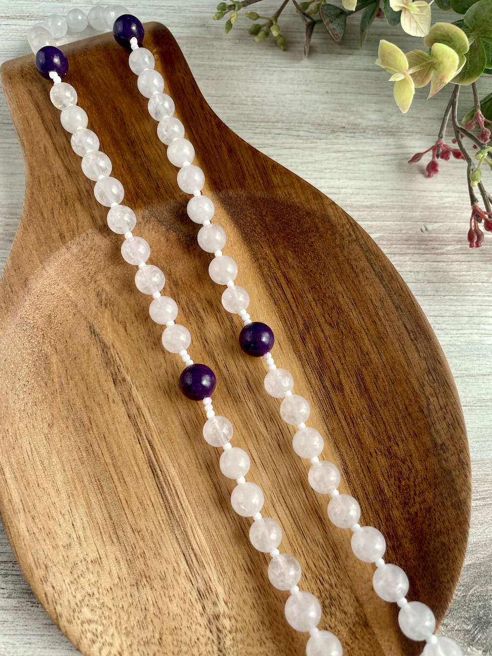 White jade gemstone rosary with purple Our Father by Bespoke With Grace