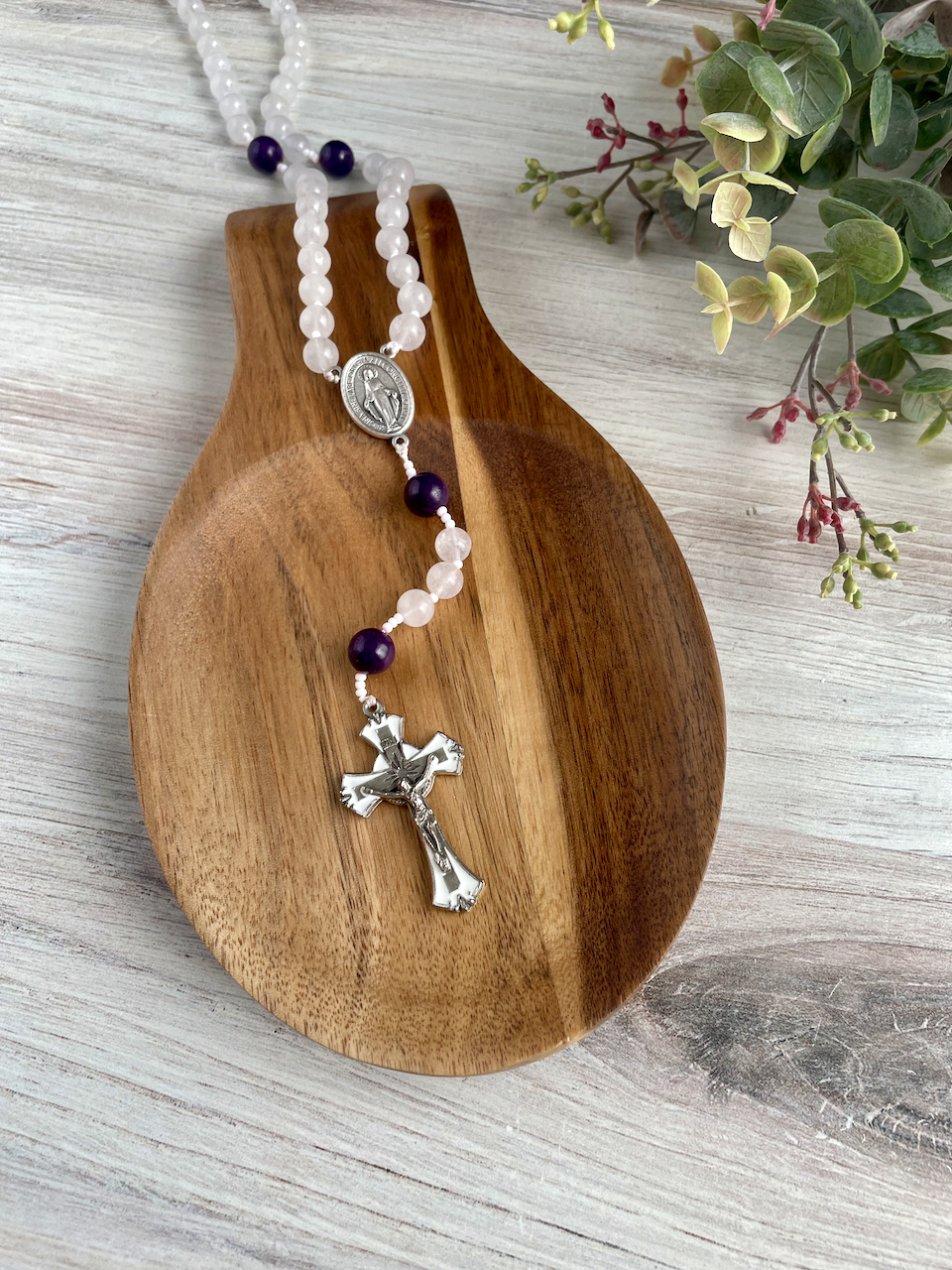 White jade gemstone rosary with purple Our Father by Bespoke With Grace
