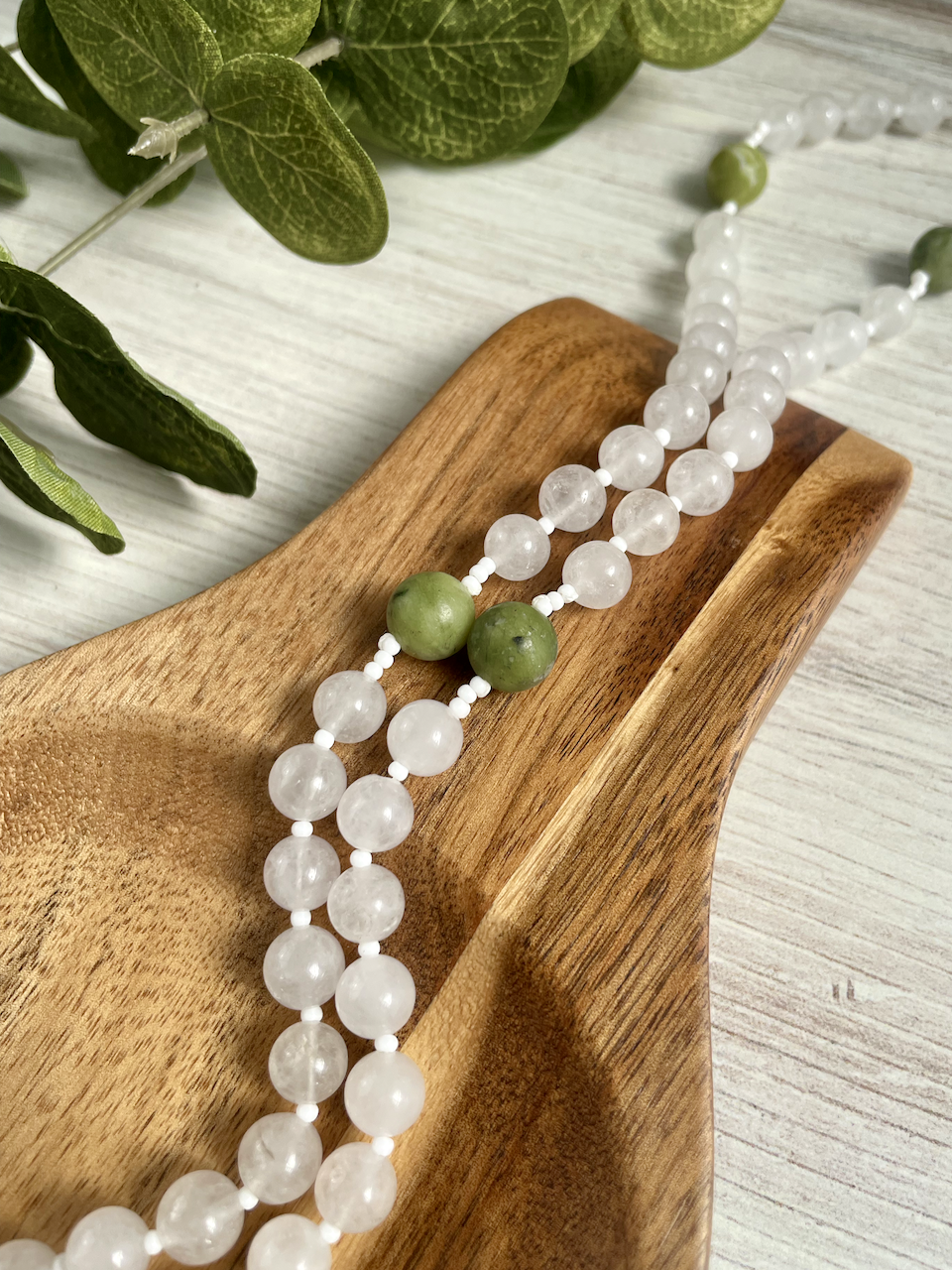 White jade gemstone rosary with green Our Father by Bespoke With Grace