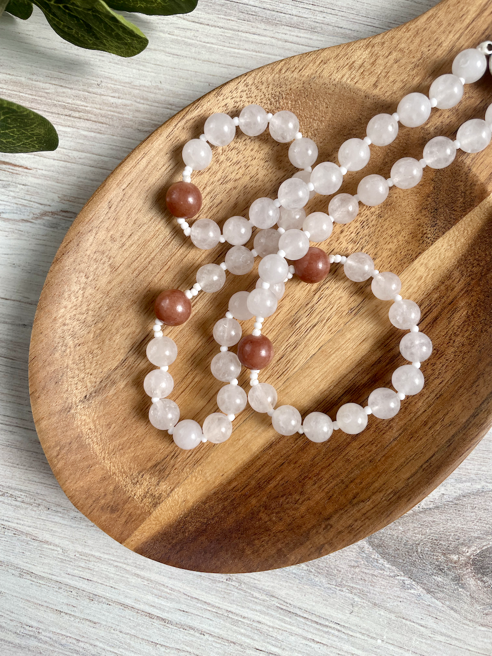 White jade gemstone rosary with brown Our Father by Bespoke With Grace