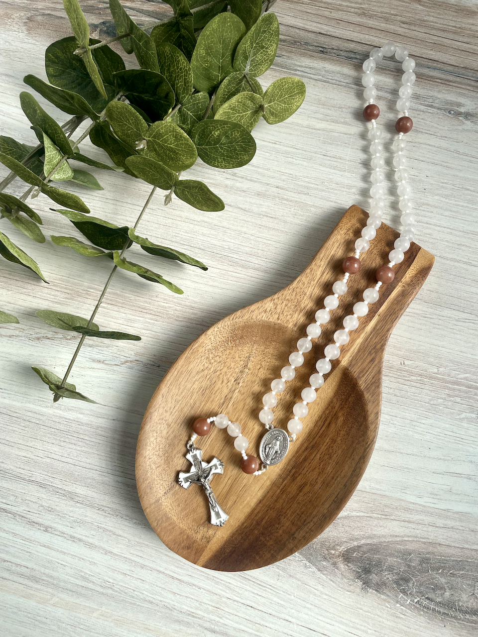 White jade gemstone rosary with brown Our Father by Bespoke With Grace