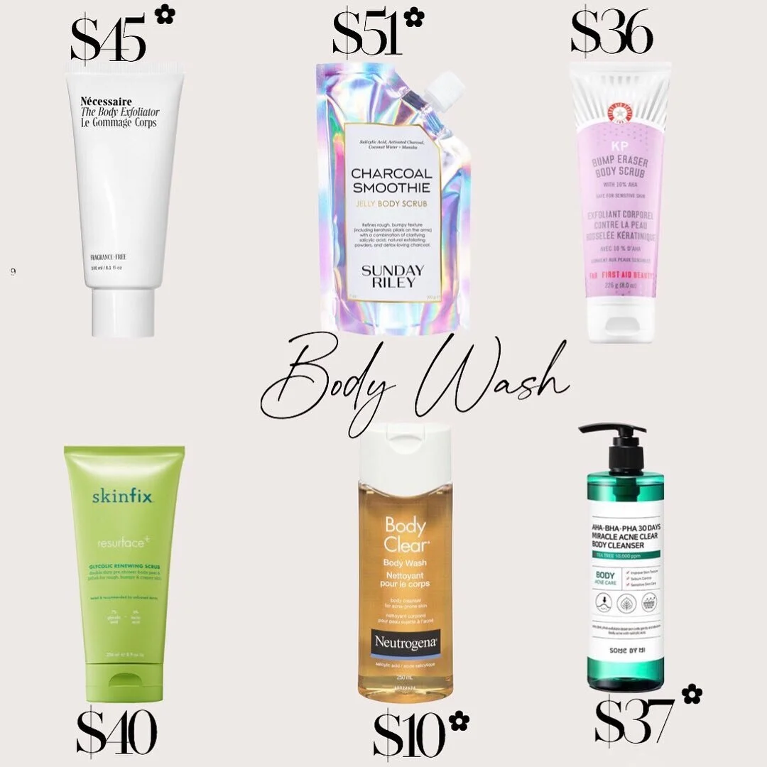 @carastudios_ body recommendations for clear &amp; bright skin💫 

Many people deal with body acne, keratosis pilaris (little bumps typically found on back of arms, thighs), and ingrown hairs. Sweating from working out can make some of these issues e