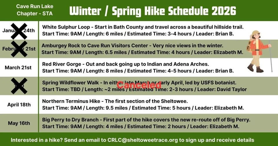 A green and white infographic schedule for "Winter / Spring Hike Schedule 2026" for the "Cave Run Lake Chapter - STA" email crlc@sheltoweetrace.org