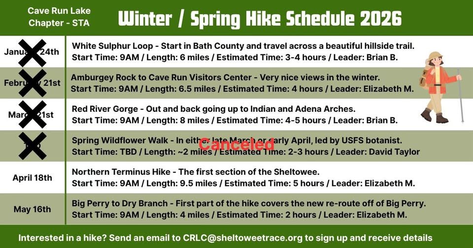 A green and white infographic schedule for "Winter / Spring Hike Schedule 2026" for the "Cave Run Lake Chapter - STA" email crlc@sheltoweetrace.org