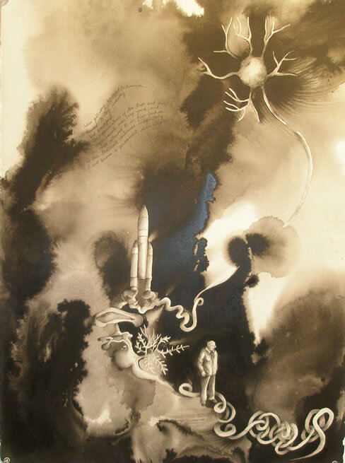 A Rocket to America, ink and water colour on paper