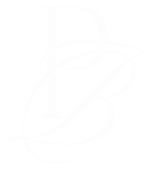 Stylized white letter B on a black background, with decorative swirls and lines.