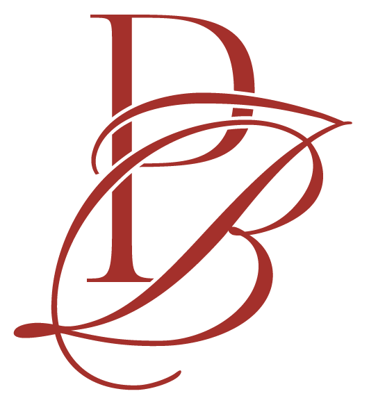 Stylized red letter B with an ornate design and cursive elements.