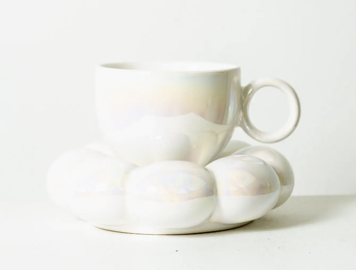 Lottie tea cup and saucer - irridescent white - LA LUNA