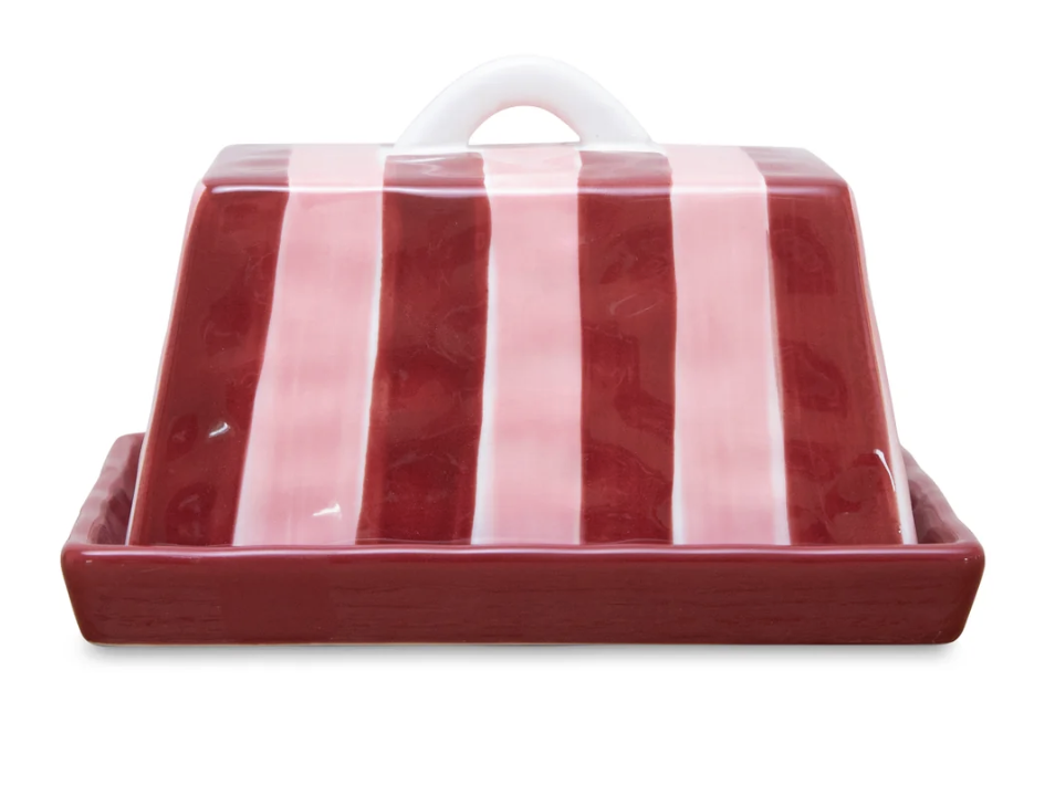 Butter Dish - pink and burgundy stripe ceramic