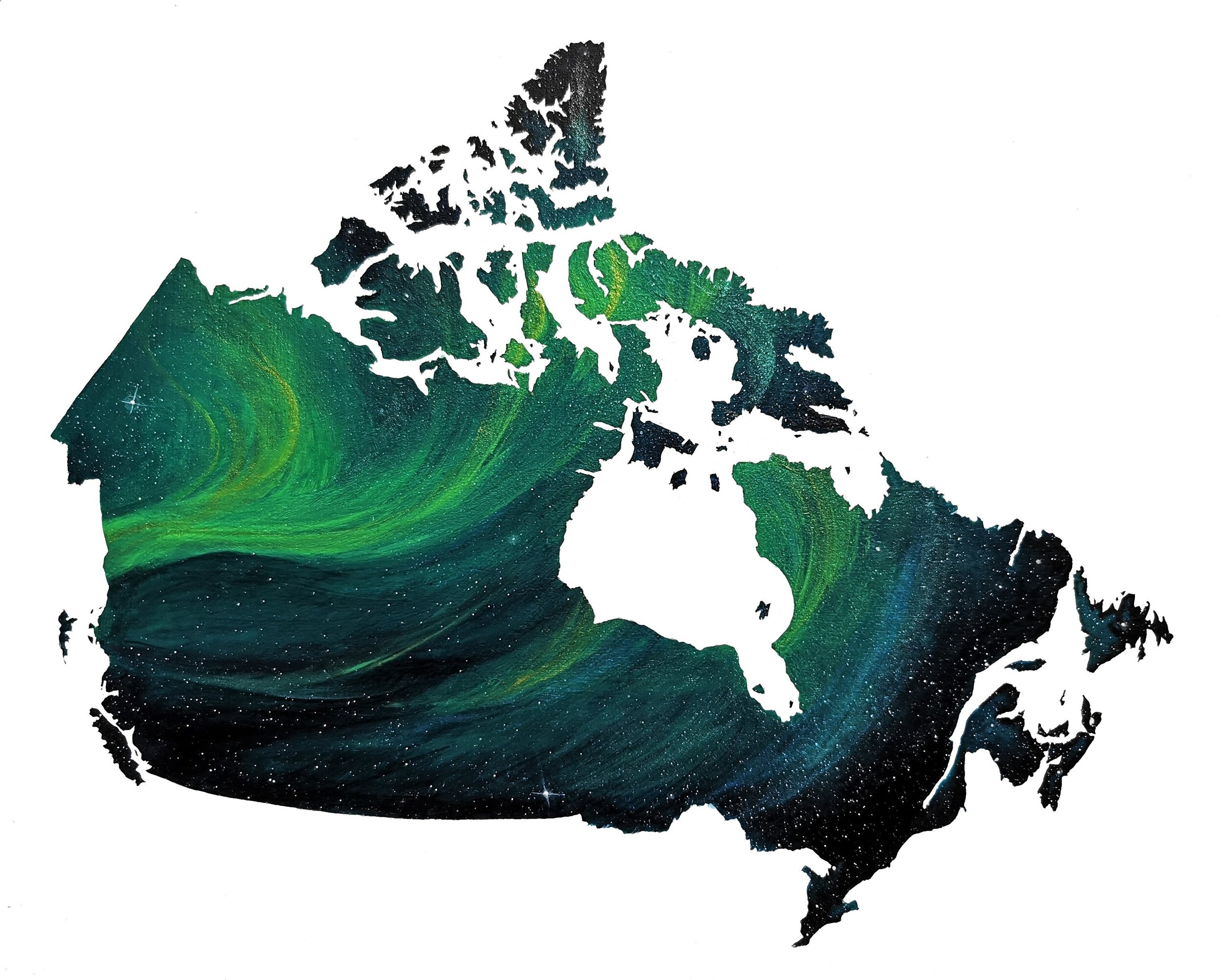 An artistic map of Canada with a galaxy and Northern Lights design, featuring swirling green, blue, and black colors with star-like accents.