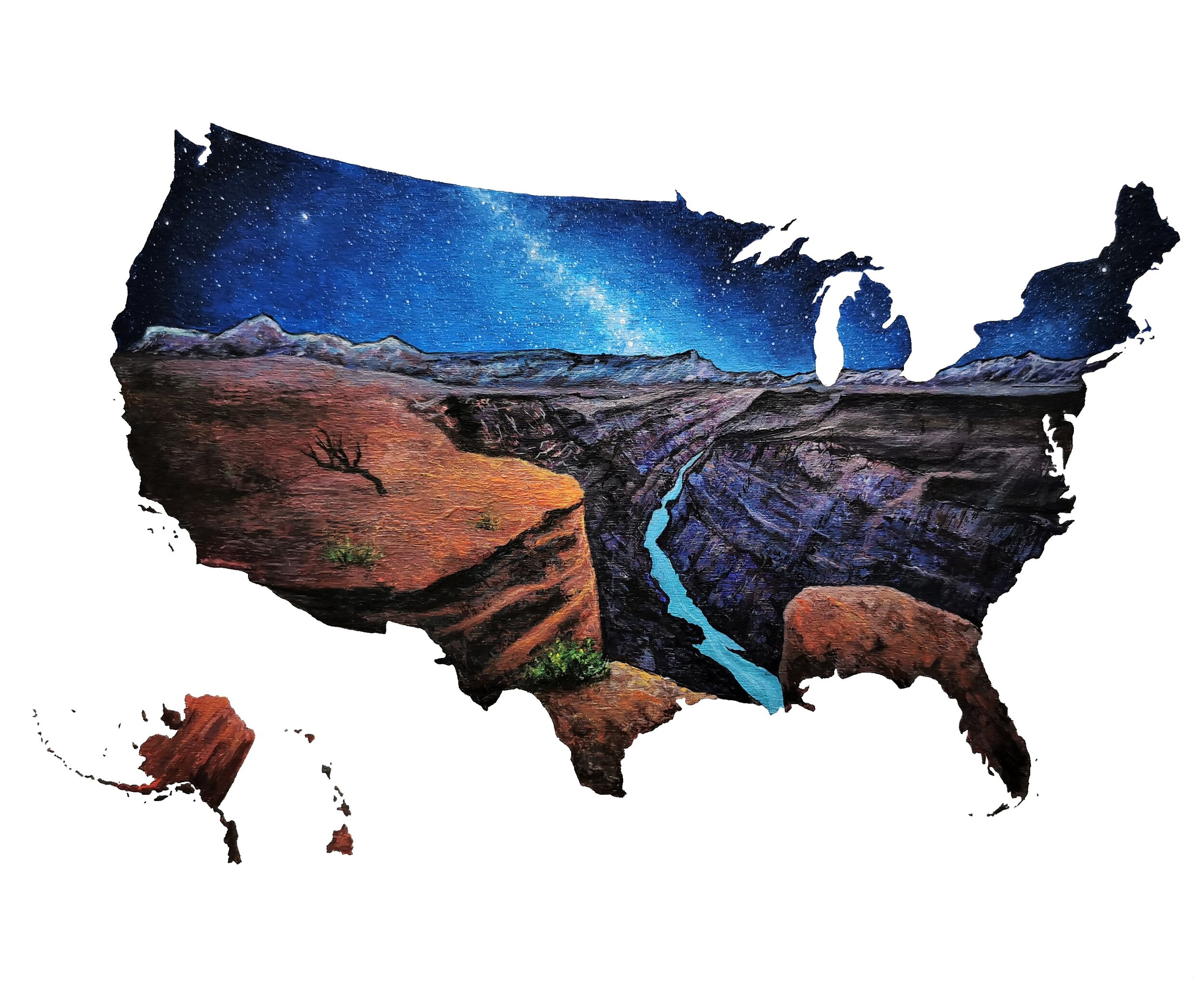 Painting of a desert canyon landscape with a starry night sky and the Milky Way, shaped like the map of the United States.