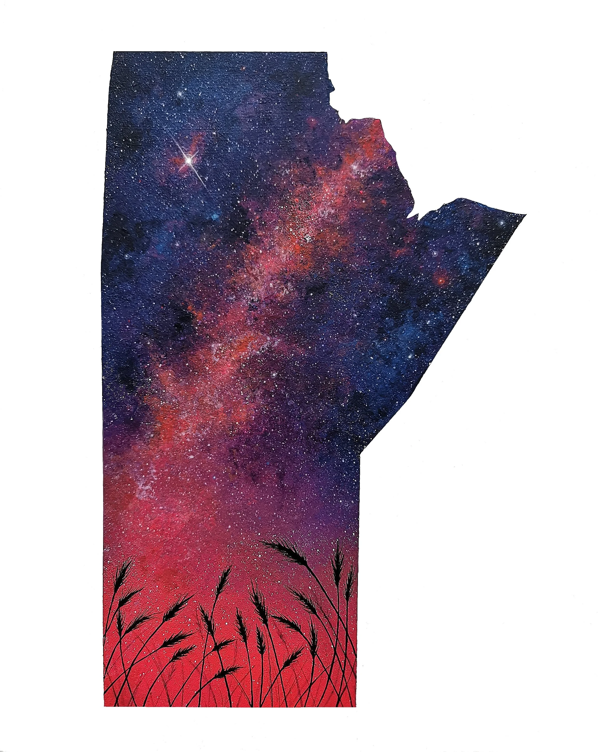 A silhouette of the state of Arizona filled with a colorful depiction of the Milky Way galaxy and stars, with black silhouettes of wheat stalks at the bottom.