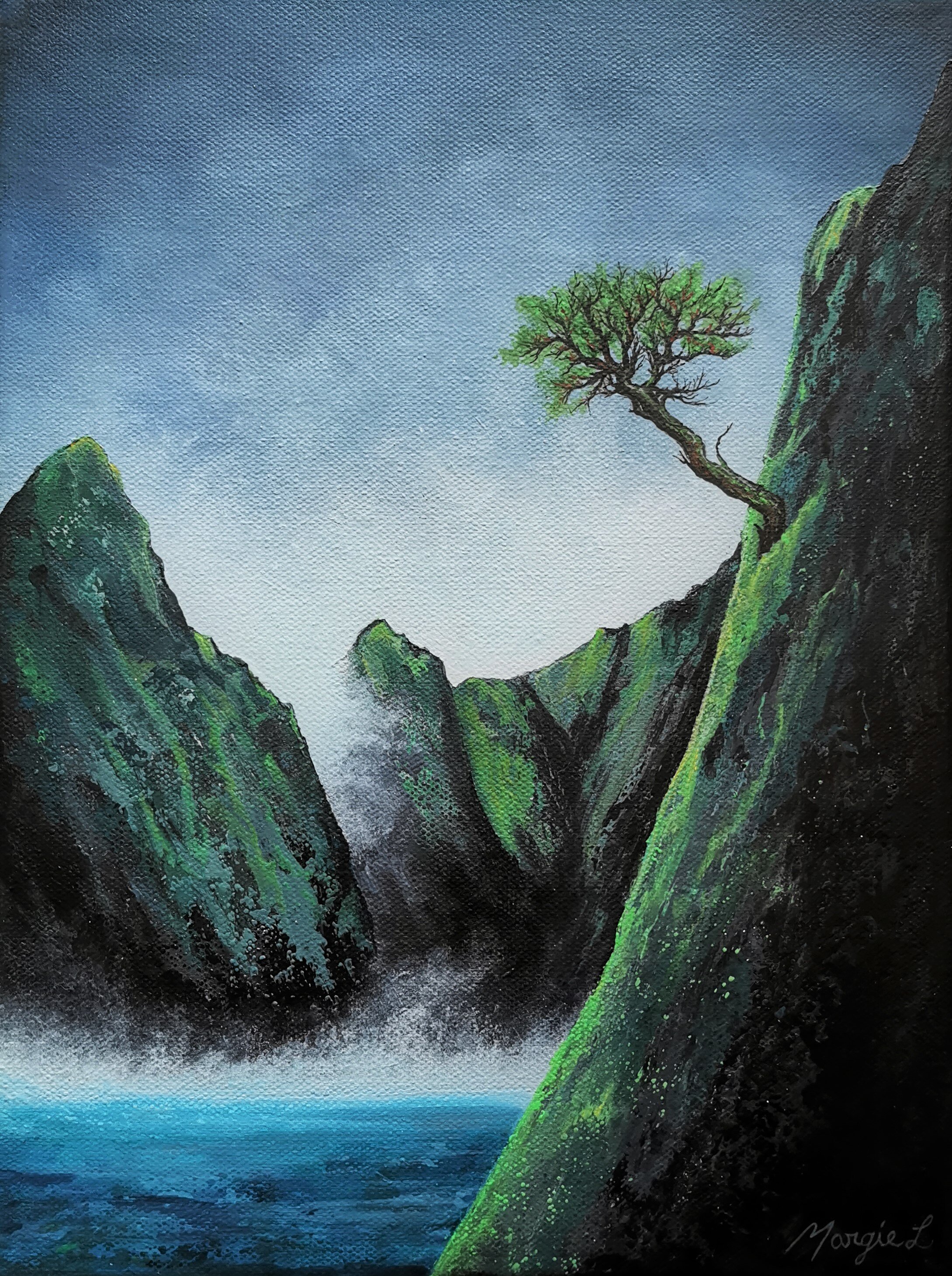 A painting of a lone tree growing on a steep, moss-covered cliff overlooking the ocean, with mist and a cloudy sky in the background.