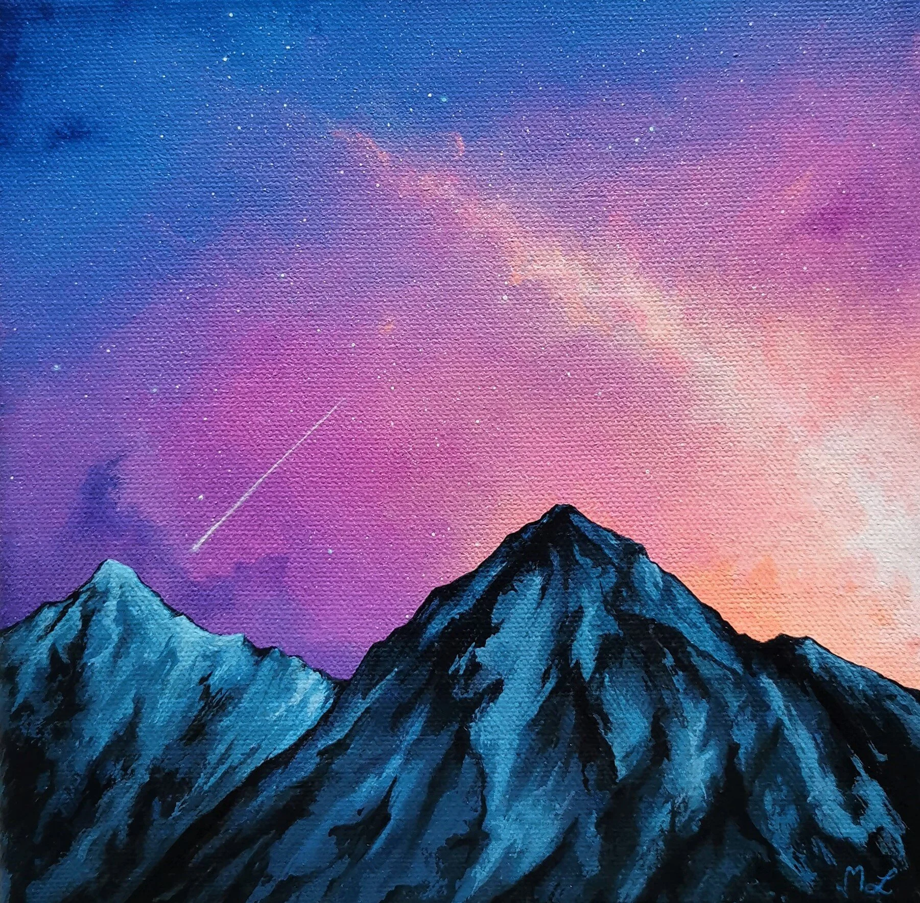 Painted mountain landscape under a colorful, starry sky with pink and purple hues