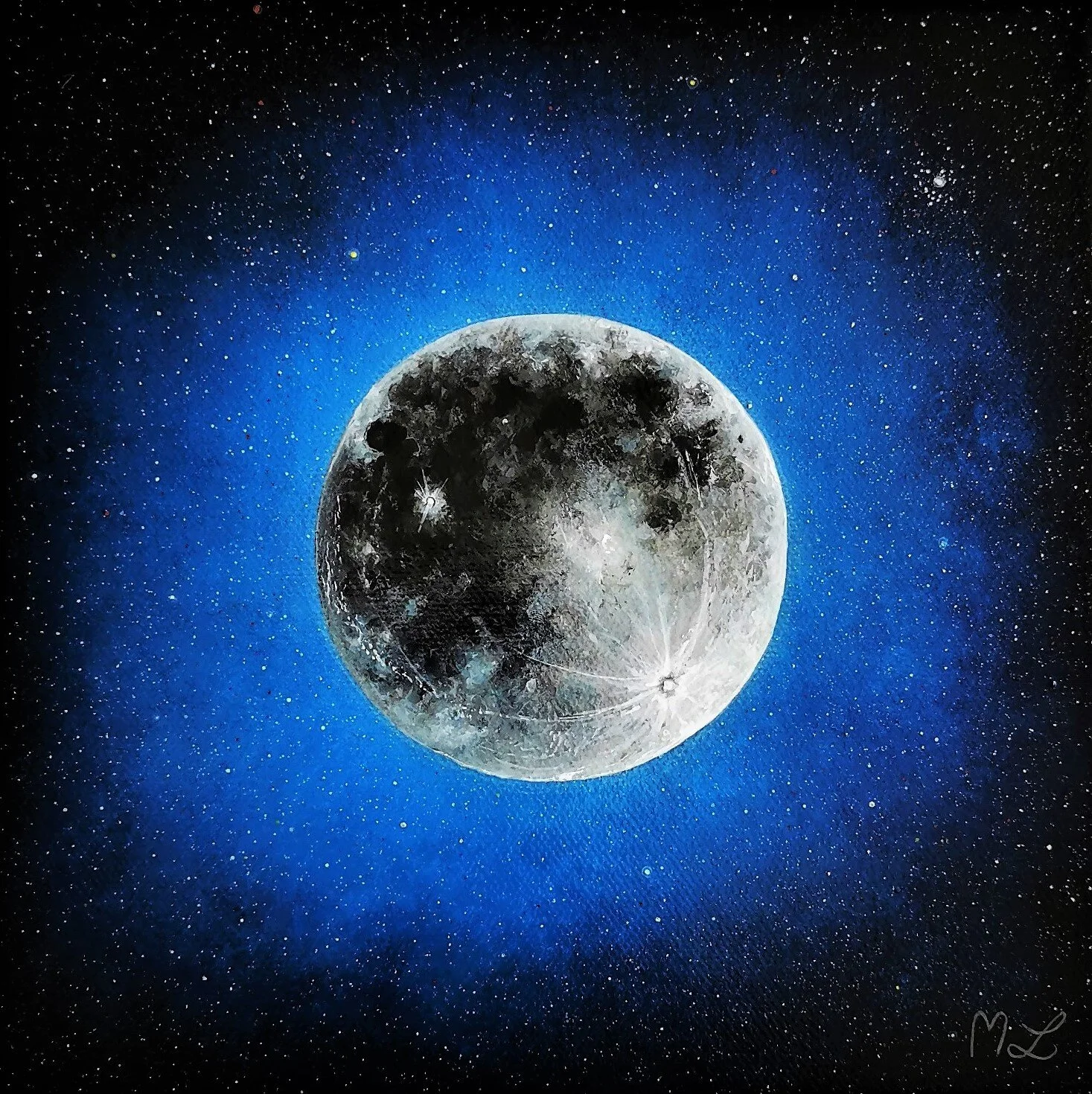 A detailed image of the moon with a glow of blue light and starry background surrounding it.