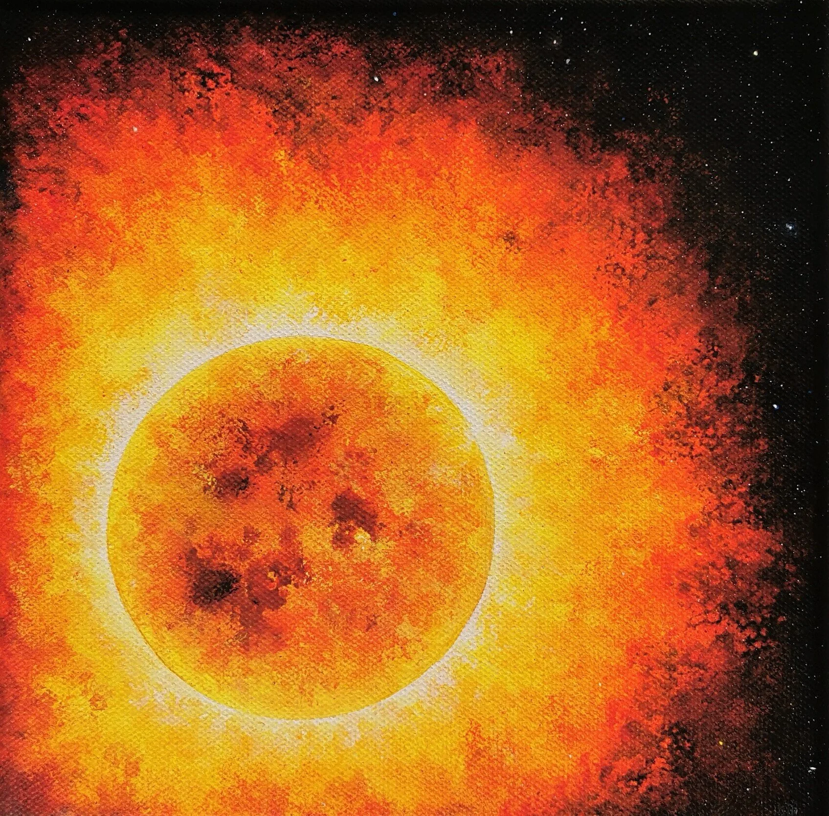 A painting of a solar eclipse with the sun's corona glowing around the moon in shades of orange, yellow, and black.